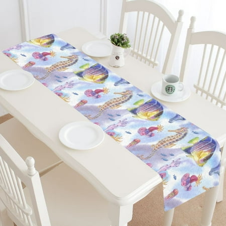 

MYPOP Watercolor Seahorse Coral Table Runner Home Decor 14x72 Inch Sea Ocean Sealife Table Cloth Runner for Wedding Party Banquet Decoration