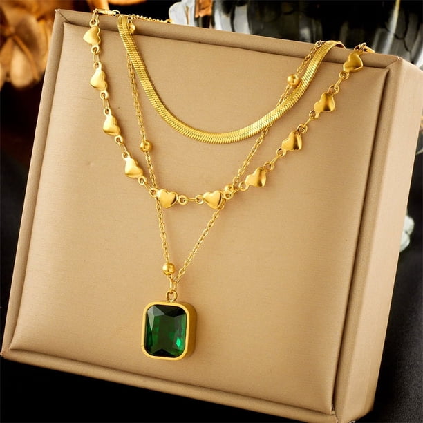 Zhuge Collar con colgante hecho a mano, cadena de hueso de serpiente de amor en capas de varias capas con colgante de bloque de diamante de agua verde (oro)