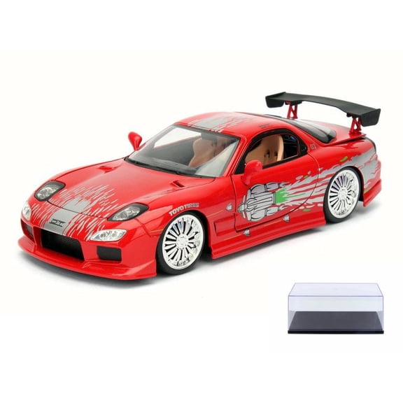 Diecast Car & Display Case Package - Dom's Mazda RX-7 F8 Fate of Furious, Red - Jada 98338 - 1/24 Scale Diecast Model Toy Car w/Display Case