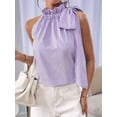 thumbnail image 4 of Women's Sleeveless Striped Ruffle Tank Tops High Necked Tie Top Blouse for Daily Wear Purple M, 4 of 10