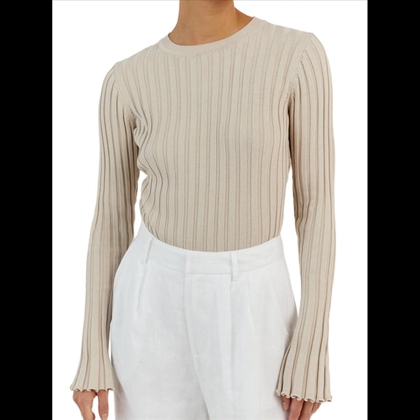 Camisa Básica de Larga para Mujer, de Punto Acanalado, Ajustada y con Cuello Redondo. Caqui S
