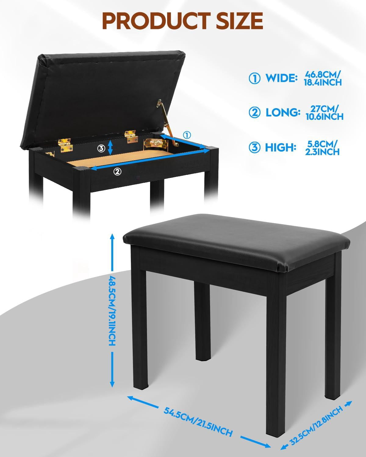 Piano Bench With Storage  Solid Wood Keyboard Bookcase Stool Chair Seat Padded Cushion Black