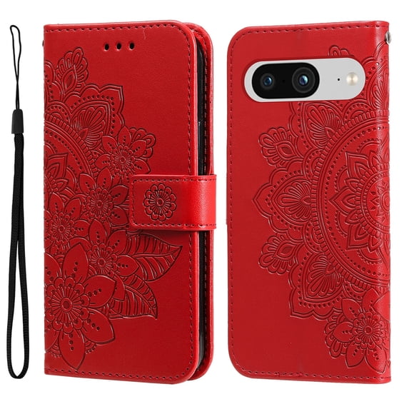 SaniMore for Google Pixel 8 Case with Wrist Strap, Fashion Flower Embossing Design for Girls/Women, Dual Magnet Card Holder Wallet Cover Kickstand Shockproof for Google Pixel 8, Red