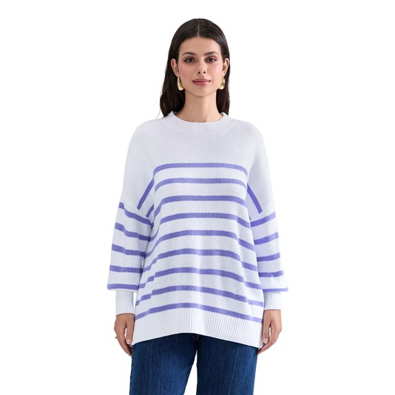 Baby Sweetie Women's Striped Sweater Drop Shoulder Oversized Long Sleeve Round Neck Slit Hem Knitted Pullover Tops