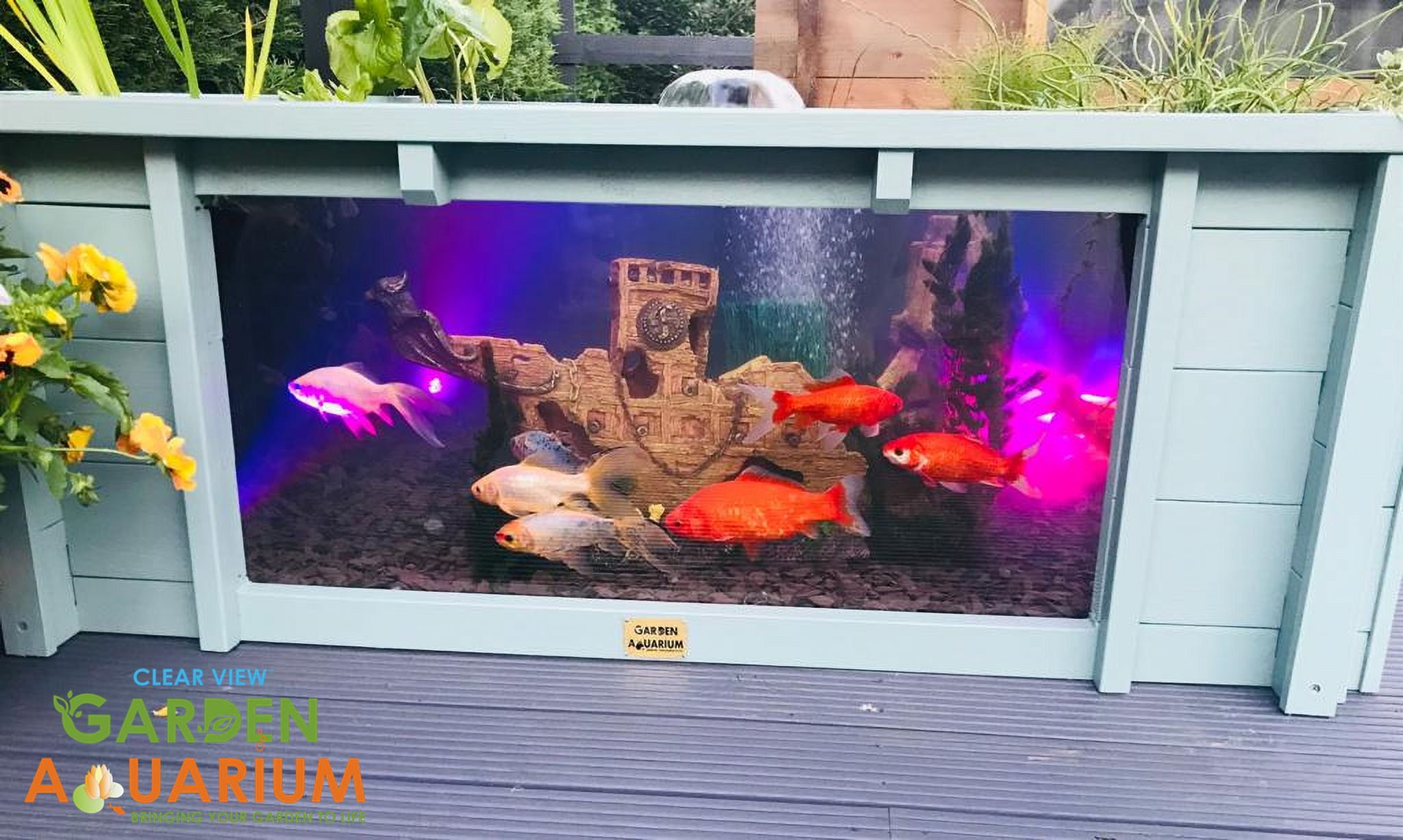 Raised Square Wood Pond with Large Windows Lotus Clear View Garden Aquarium in Green - 172 Gallons