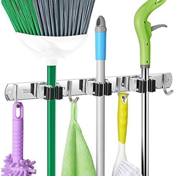Broom and Mop Holder Wall Mounted, Stainless Steel Broom Holder Mop Holder Self Adhesive Heavy Duty Hooks Storage Organizer for Home Laundry Room Garden Garage（3 Racks with 4 Hooks）