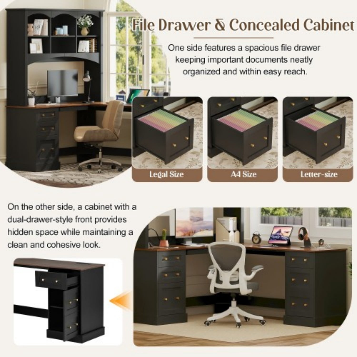 L-Shaped Farmhouse Computer Desk with Hutch, Corner Home Office Desk with File Drawer, Keyboard Tray & Dual Charging Stations, Large Workstation Writing Desk with Storage Cabinets, Black