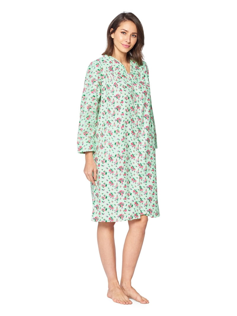 Casual Nights Women's Floral Snap Front Flannel Duster Long Sleeve Lounger Dress - Green Floral - 3X-Large