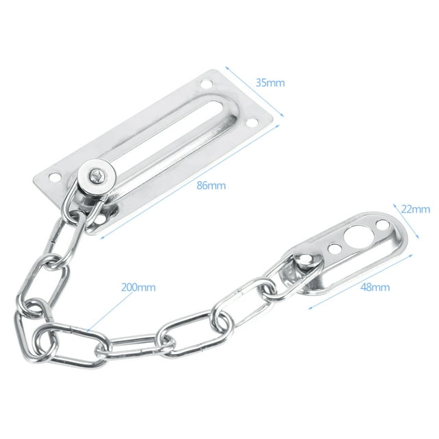 Stainless Steel Door Lock Anti-theft Chain Security Door Lock in silver, featuring a durable stainless steel construction. The chain measures approximately 20cm (7.9 inches) in length and is designed for added security on home or hotel doors. Includes screws for easy installation and fits all sizes of wooden doors. The image shows the lock and chain with dimensions labeled, highlighting its sturdy build and functionality.