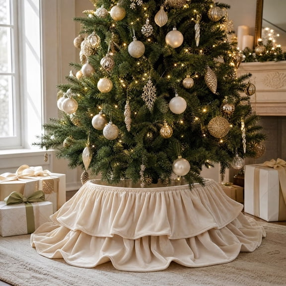 Christmas Tree Skirt 26.77in Beige Velvet-Look Double Ruffle Collar