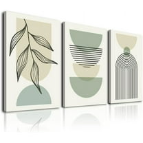 Sage Green Boho Wall Art Set of 3, Minimalist Framed Wall Art Geometric Line Leaf Beige Green Canvas Artwork Paintings, Abstract Botanical Boho Room Decor, Office, 12"x16"