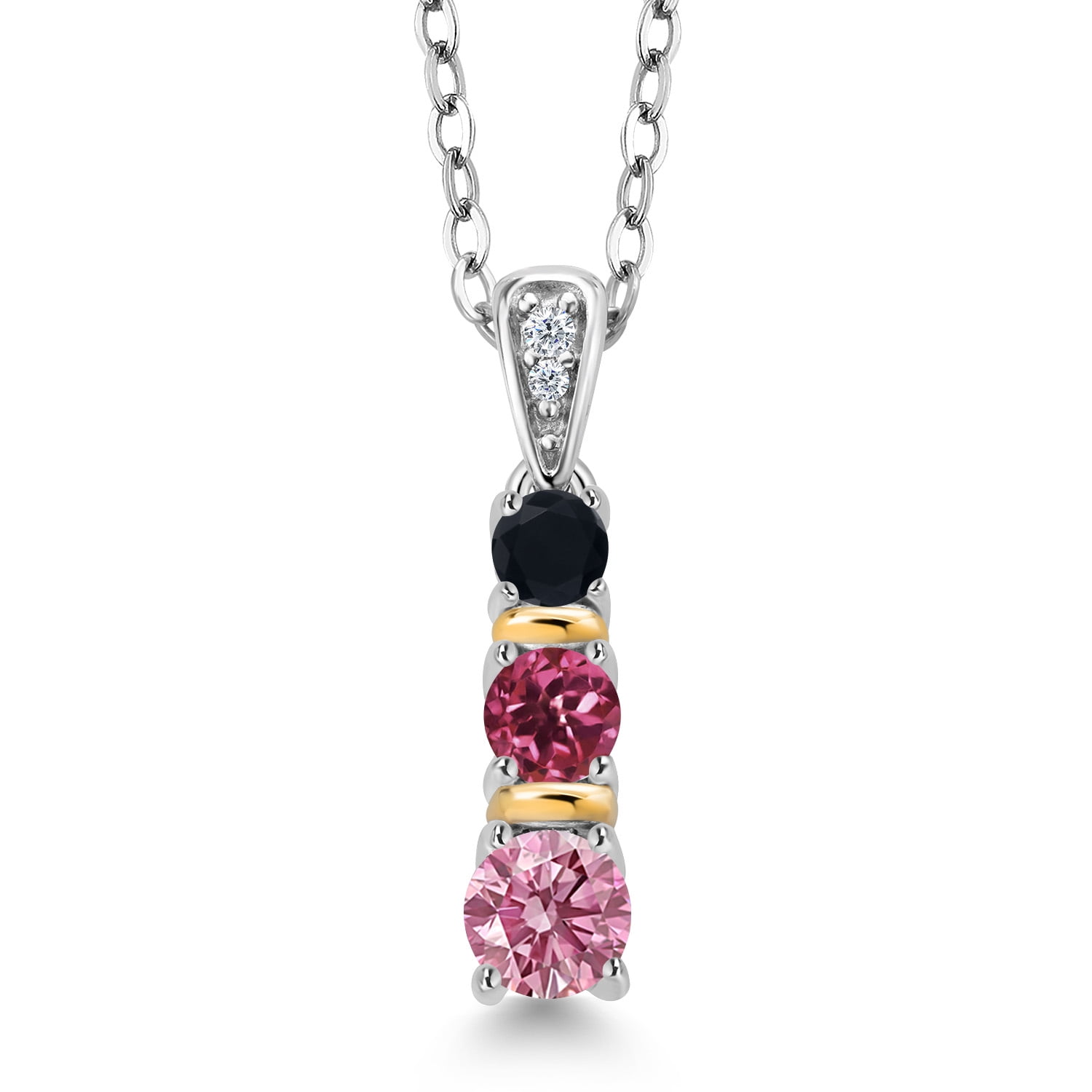 Gem Stone King 925 Silver and 10K Yellow Gold Round Pink Lab Grown Diamond Pink Tourmaline and Black Onyx Pendant Necklace for Women (0.50 Cttw, Gemstone April Birthstone, with 18 inch Chain)