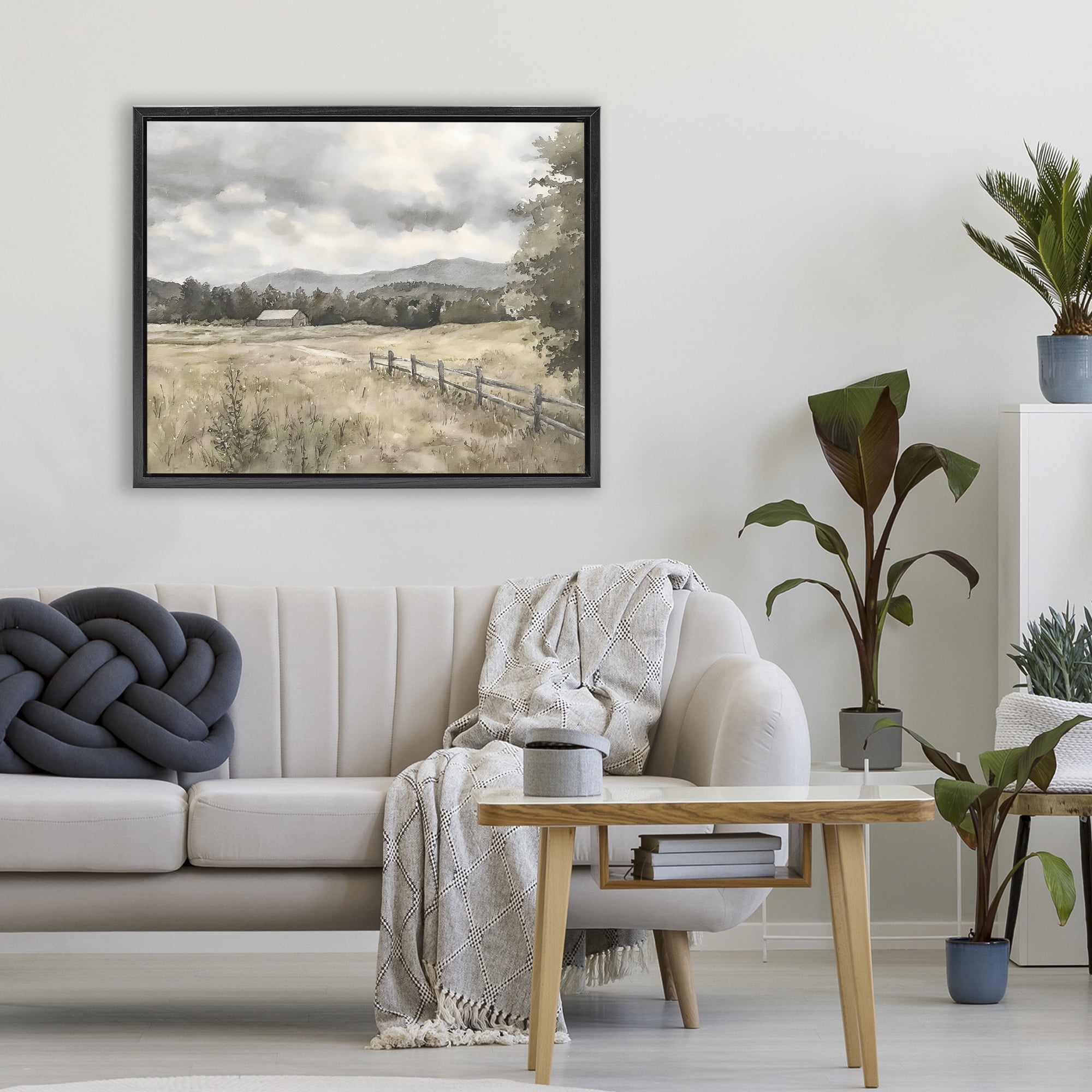 Stupell Industries Muted Valley Cottage Black Framed Floater Canvas Wall Art, design by Riley B