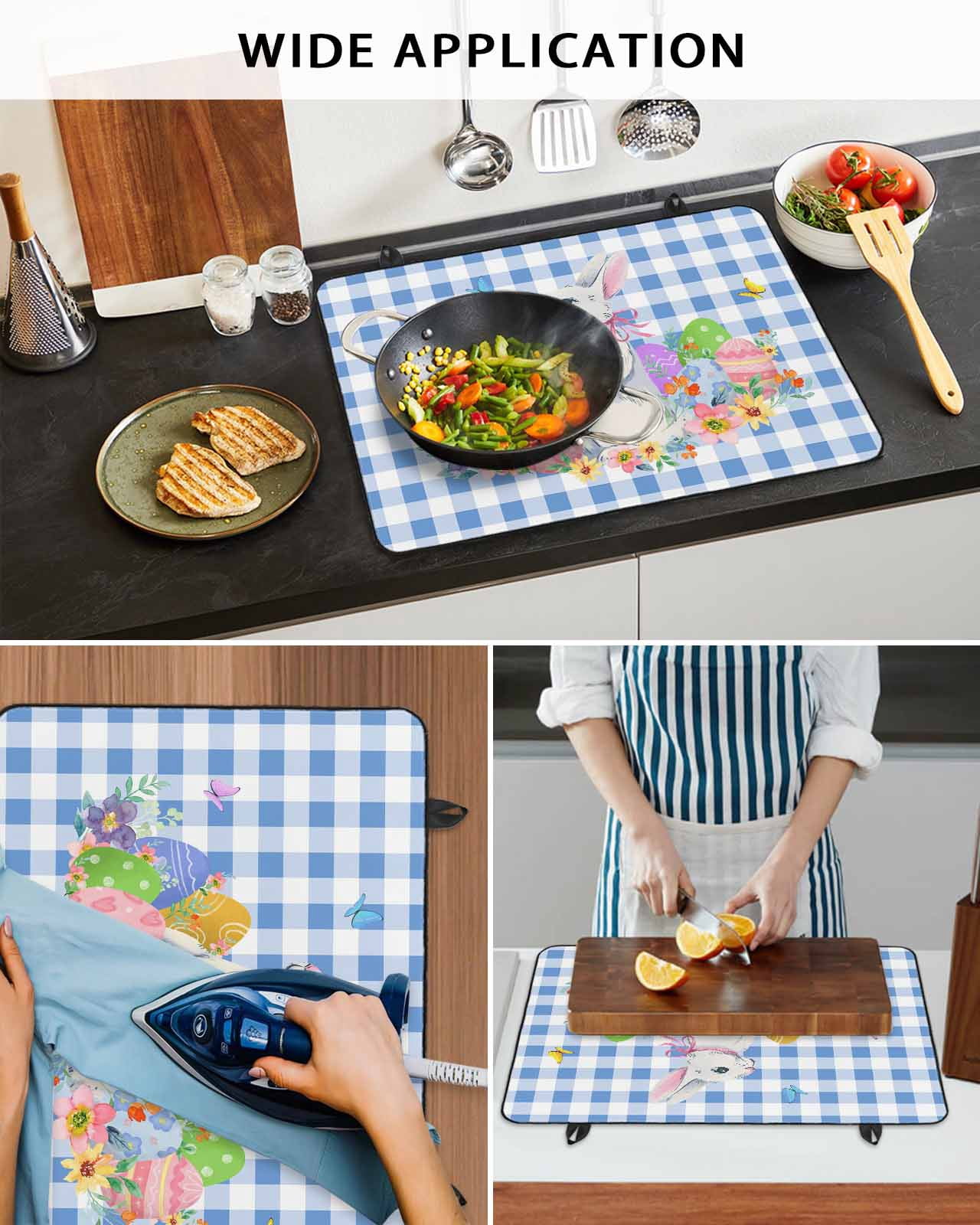 Large Induction Cooktop Protector Mat Easter Stove Top Covers for Electric Stove, Spring Watercolor Bunny Eggs Butterflies Blue Plaid Decorative Stove Burner Cover Mats, Glass Top Stove Cover
