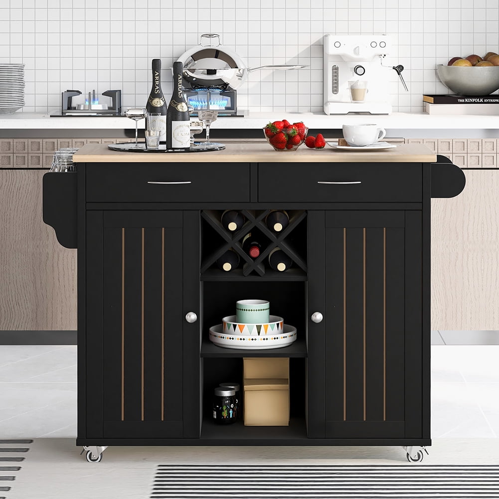 Kadyn Kitchen Island Cart, Kitchen Cart with Two Storage Cabinets and Four Locking Wheels, Kitchen Cart Cabinet with Wine Rack and Two Drawers, Black Kadyn Kitchen Island Cart, Kitchen Cart with Two Storage Cabinets and Four Locking Wheels, Kitchen Cart Cabinet with Wine Rack and Two Drawers, Black
