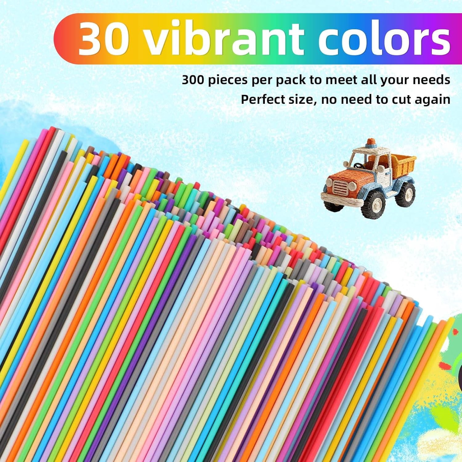 300pcs 3D Pen Filament Refills, 32 Colors Refills Packs Materials for Start+ 2.5mm/0.1in Diameter Printer Filaments Accessories Print Kids School Curriculum or Family Crafts