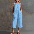 thumbnail image 2 of VBVC Women's Cotton Linen Button Down Jumpsuits , Summer Sleeveless Rompers For Women , Ladies' Wide Leg One-Pieces Capri with Pockets,Light Blue,S-2XL, 2 of 7
