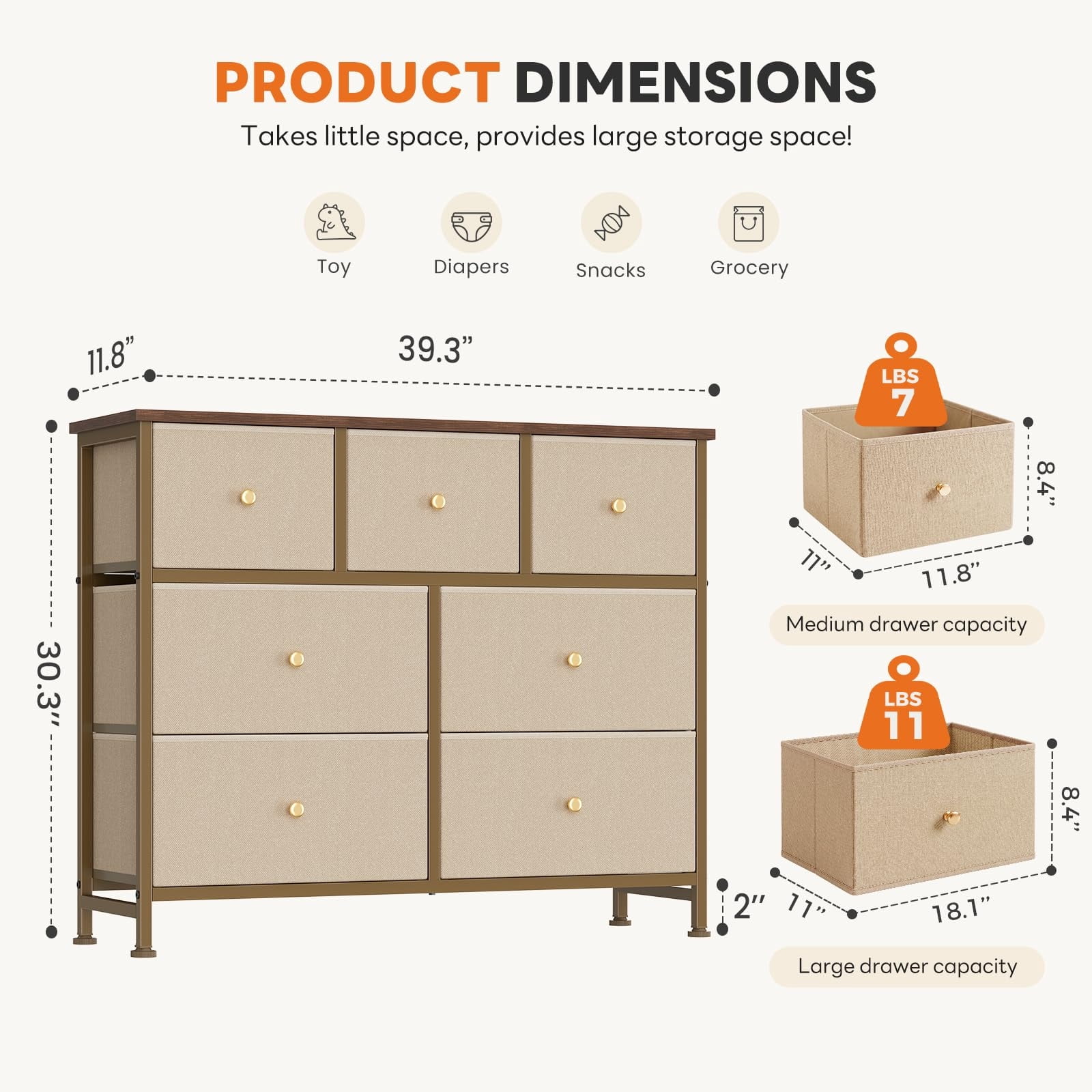 Telyra 7-Drawer Fabric Dresser TV Stand Organizer with Wood Top and Metal Frame Wide Storage Chest, Khaki