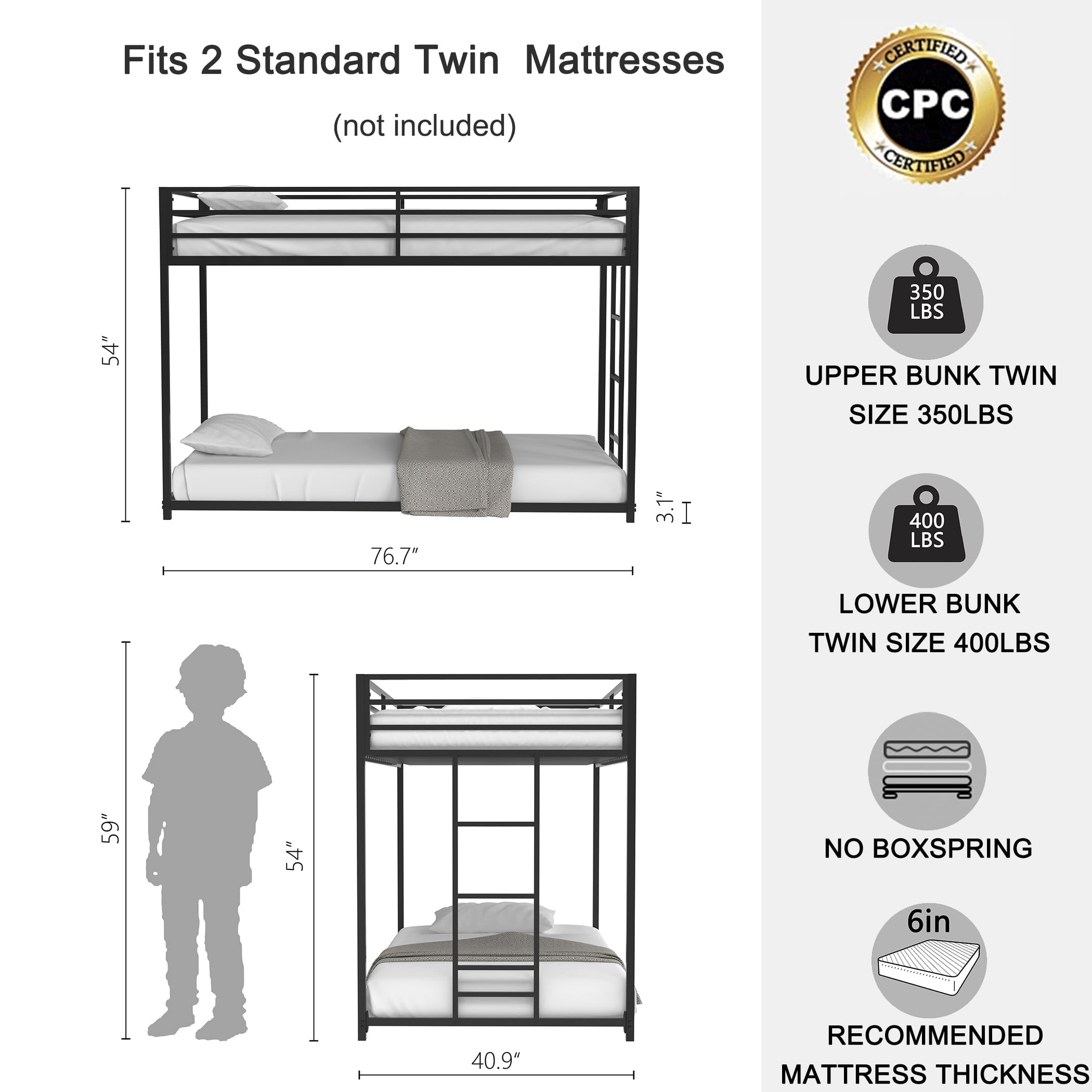 Sturdy Twin Over Twin Bunk Bed Metal Black For Kids And Adult, Low Profile Twin Over Twin Bunk Bed With Ladder And Guardrails, Easy Climbing, Beds For Bedroom