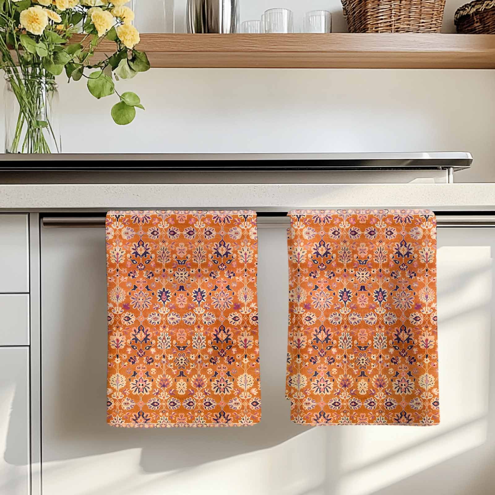 Boho Orange Kitchen Towels Set of 2, Country Style Bohemian Floral Retro Tribal Absorbent Dish Towels for Kitchen, Microfiber Hand Towel, Quick Drying Tea Towel for Cleaning Decorative Dishcloths