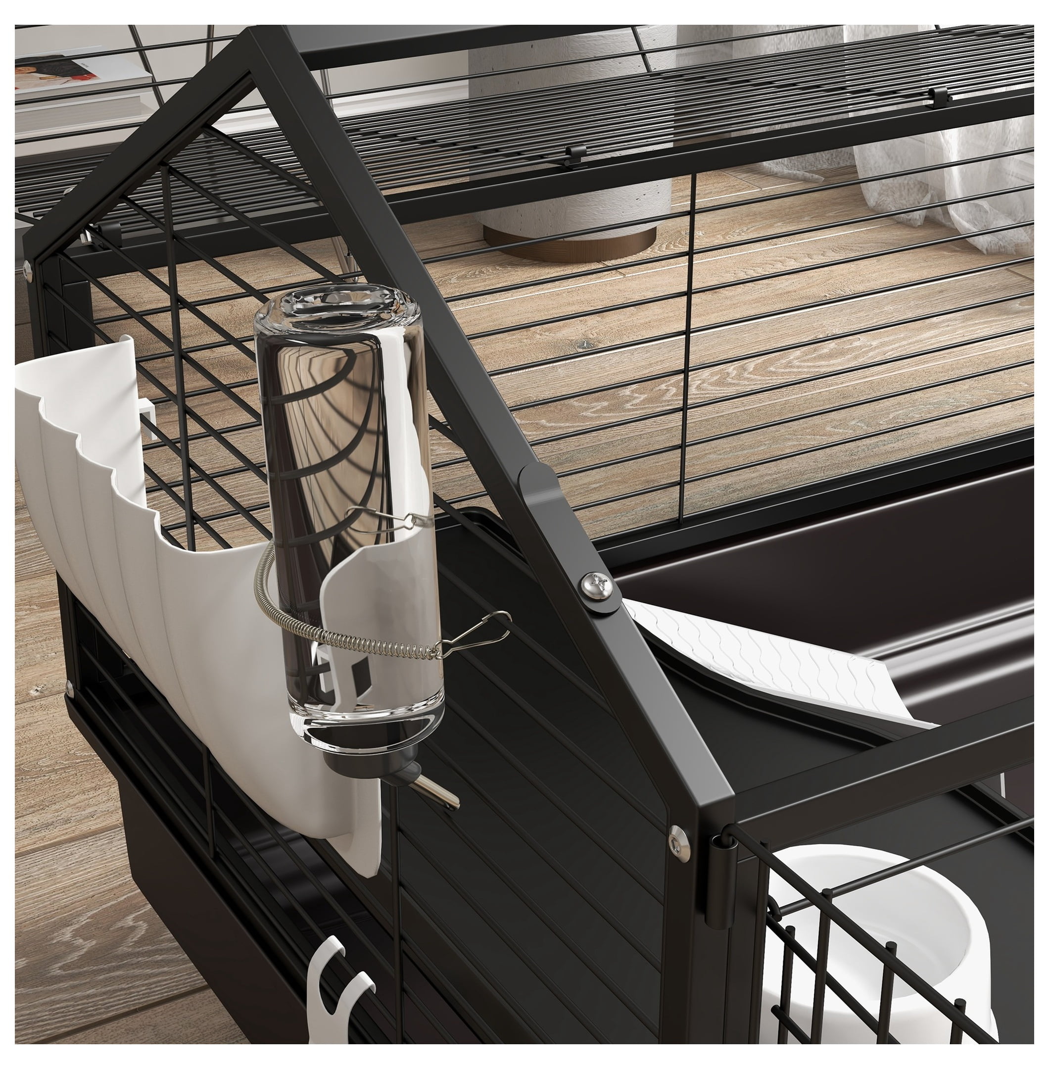 Small Animal Cage with Run, Rolling Bunny Cage, Guinea Pig Habitat, Hedgehog Cage - 46.5" - Includes Bottle, Bowl & Ramps
