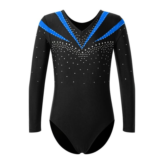 CHICTRY Girls Long Sleeve Gymnastics Workout Training Jumpsuit Shiny Rhinestone Figure Ice Skating Bodysuit Ballet Dance Leotard Blue 14