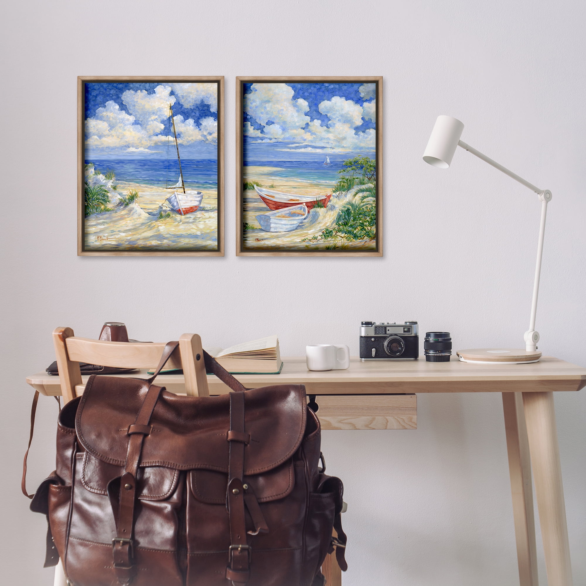 Stupell Industries Row Boat on Sandy Beach Nautical & Beach Painting Brown Floater Framed Canvas Art Print Wall Art, 17 x 21, Set of 2