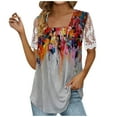 thumbnail image 2 of up to 60% off Gifts Usmixi Shirts for Women Fashion Loose Fit Lace Patchwork Pleated Hem Tunic Tops Summer Trendy Floral Short Sleeve Square Neck Ladies Blouses Red l, 2 of 5