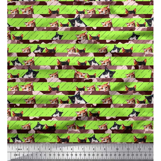 Soimoi Poly Georgette Fabric Diagonal Stripe & Cat Face Animal Decor Fabric Printed Yard 52 Inch Wide