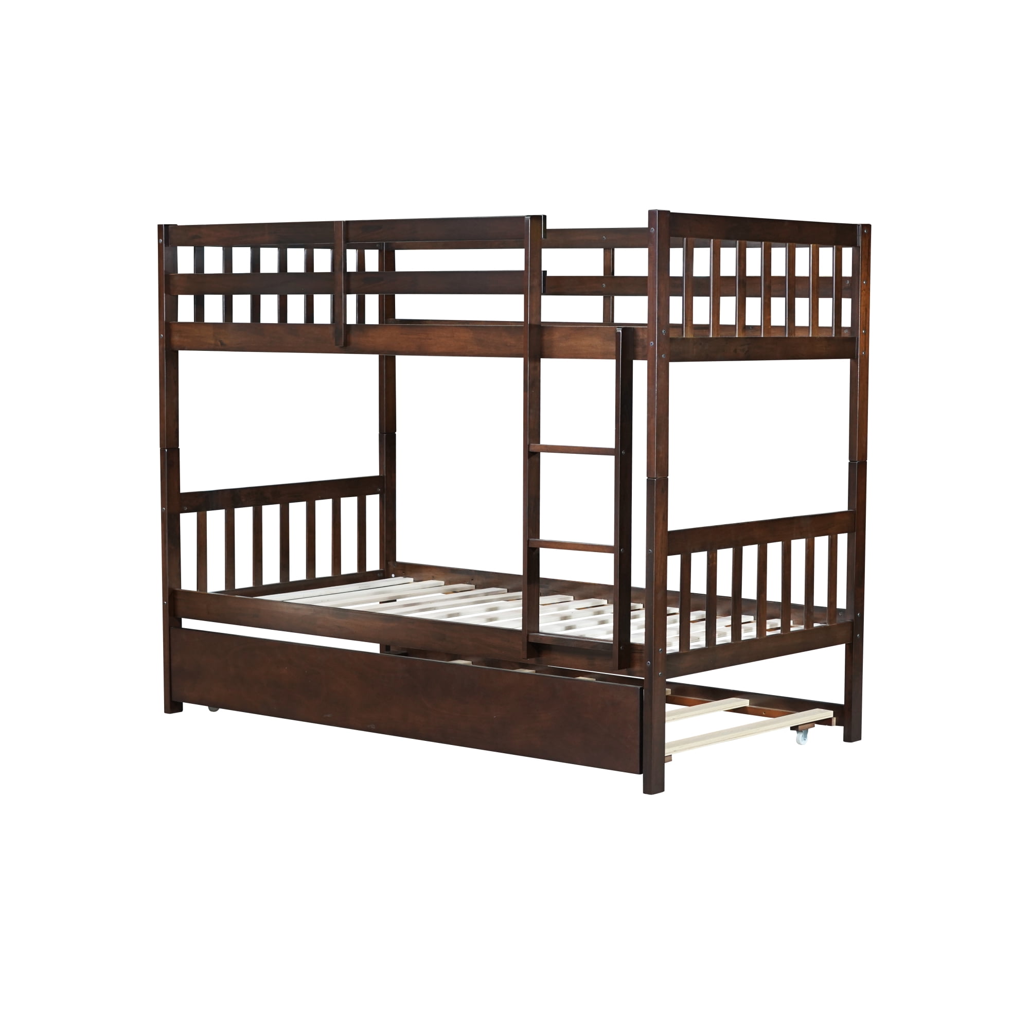 Leumius Twin over Twin Size Bunk Bed Frame with Trundle, Twin Size Bunk Bed with Ladder and Safety Guardrails for Boys Girls Espresso