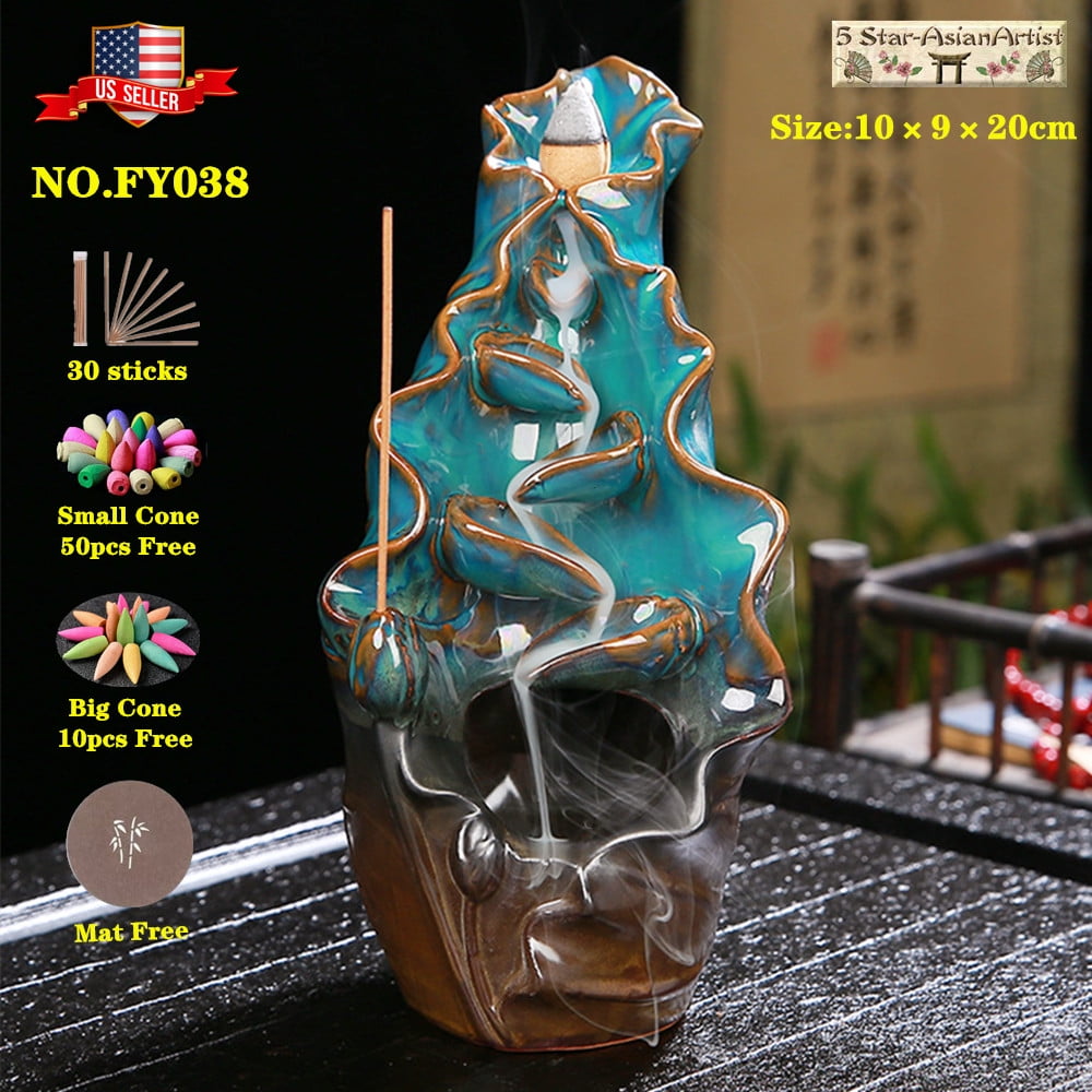 Ceramic Handmade Backflow Incense Cone Burner Lotus Glaze Waterfall 038