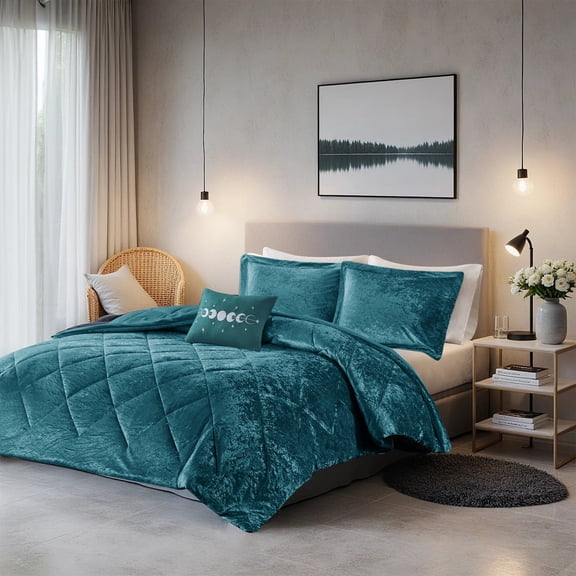Regency Heights King/Cal King Size Comforter Sets, Velvet Bedding Comforter Set for All Seasons, Teal Bedding Set with Decor Pillow, 4-Piece