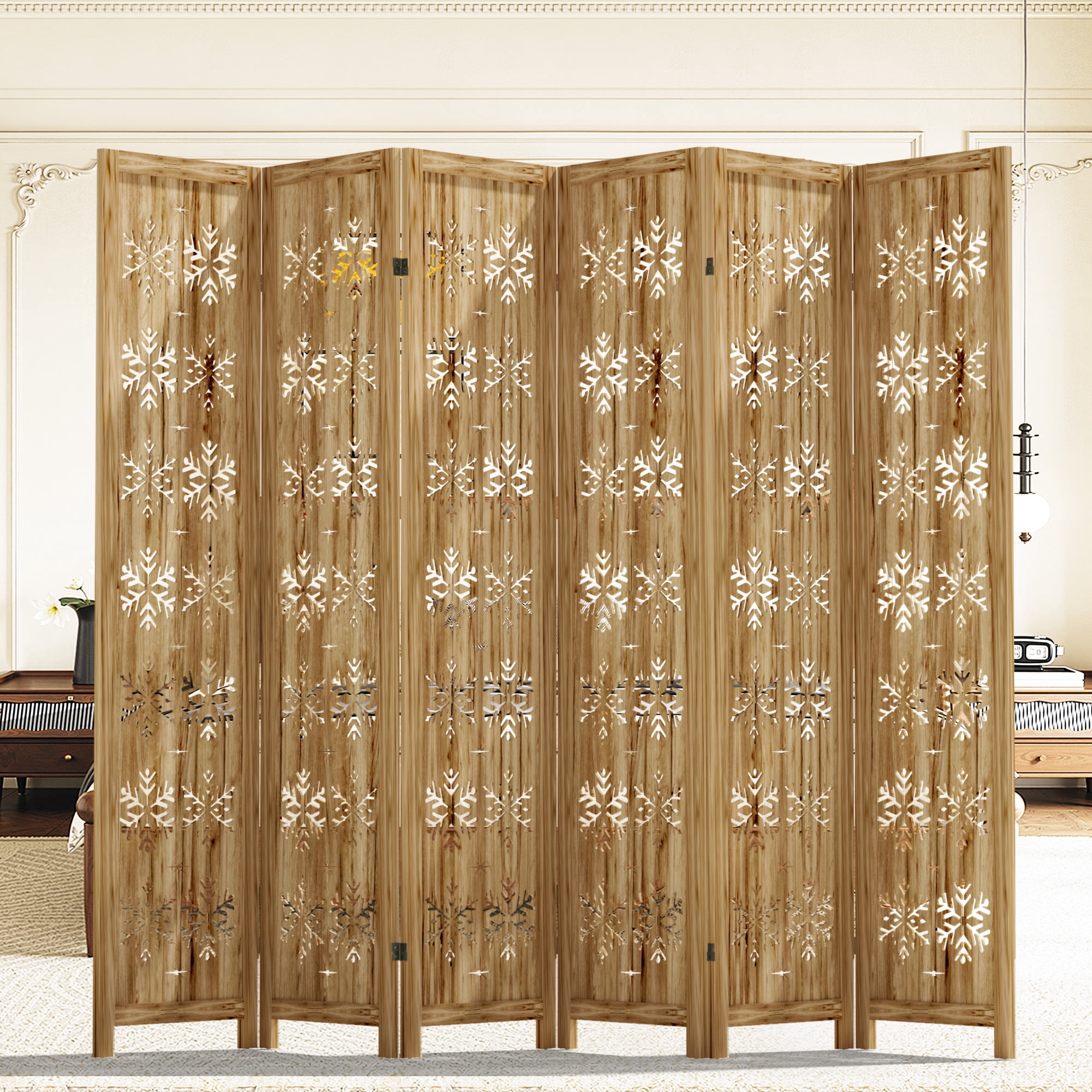 MAYEERTY 6-Piece 67×16" Natural Wood Privacy Panel Screen for Living Room, Snowflake Pattern