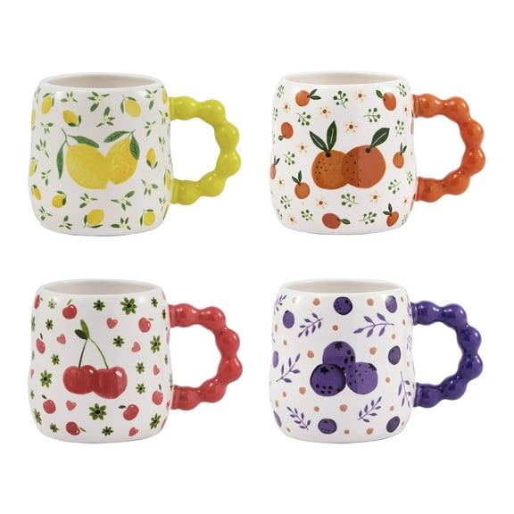 Bico Cartoon Fruit Pop Scalloped Ceramic Mugs with Handle, Set of 4, Microwave & Dishwasher Safe, Assorted Colors