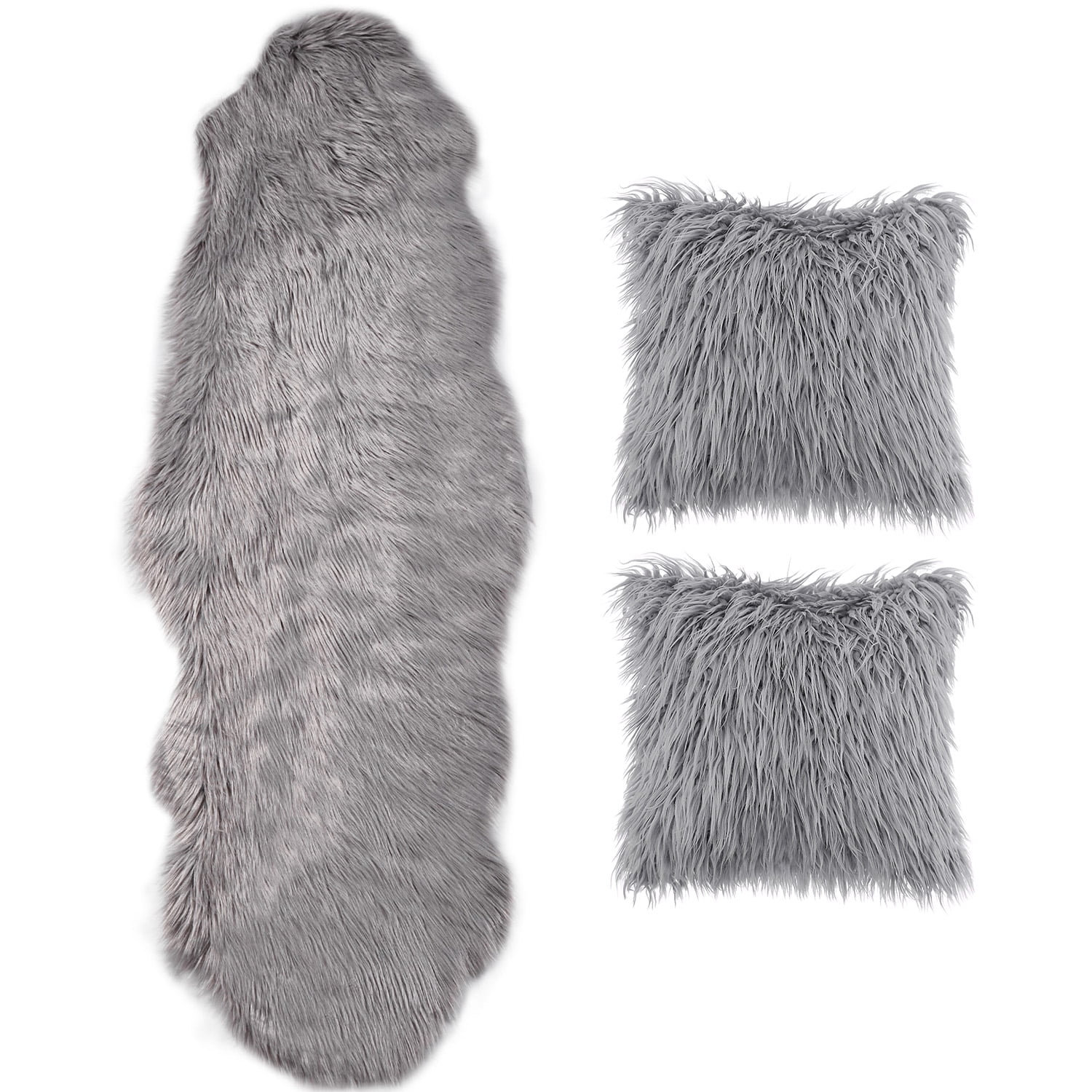 Phantoscope Designer's Choice Faux Fur Decorative Throw Pillow + Area Rug Bundle, 18" x 18"/ 2' x 6', Gray, 2 Pillows + 1 Rug