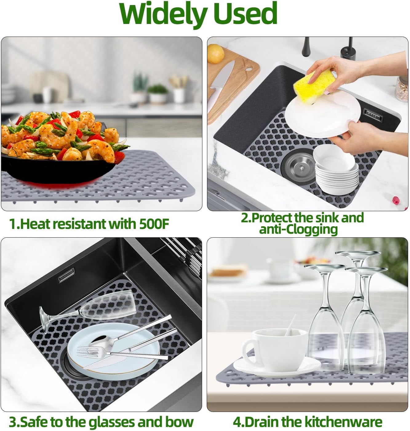 1PCS Kitchen Sink Mat, Anti Slip Silicone Drain Sink Protectors, Dishes Drying Mat Filter Mesh Grid Non-Slip Foldable for Bottom of Farmhouse Stainless Steel Porcelain Sink(Grey,Side Hole)