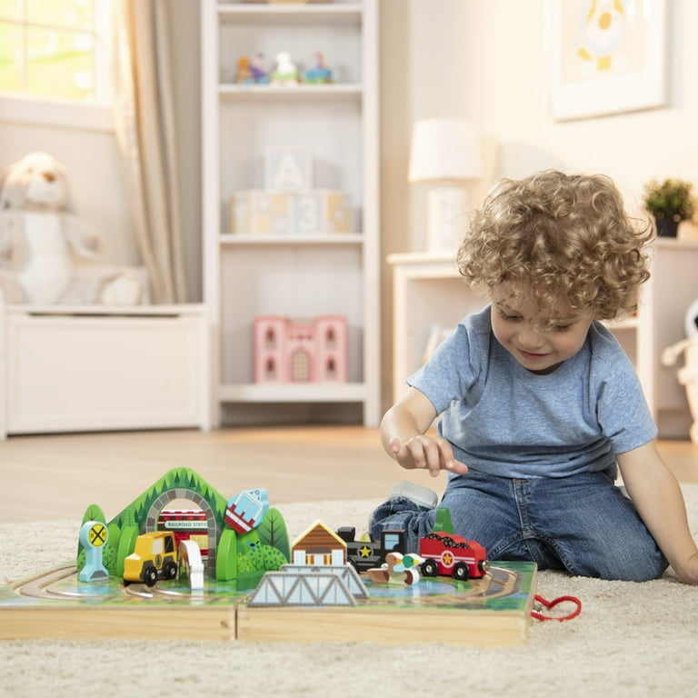 Melissa Doug 17 Piece Wooden Take Along Tabletop Railroad and Trains for Kids and Toddlers 3