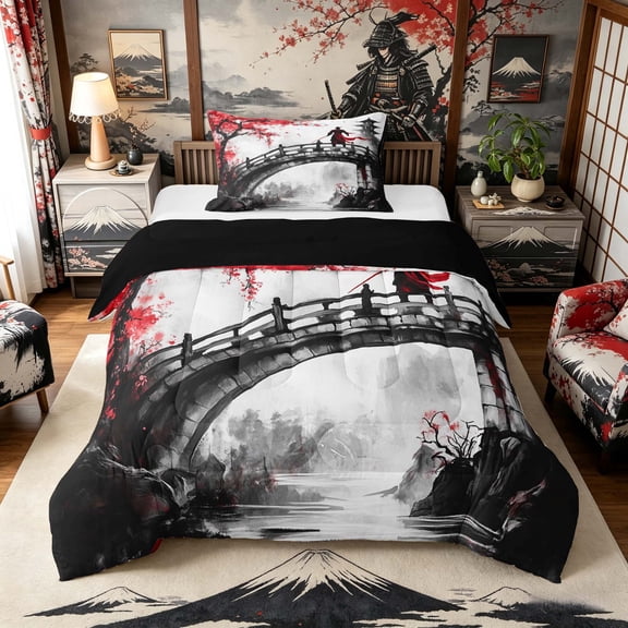 Manfei Ink Samurai Twin Comforter Sets for Boys Men, Bridge Temple Bedding Set, Black Red White, Black Reversible 2pcs, 1 Comforter and 1 Pillowcase