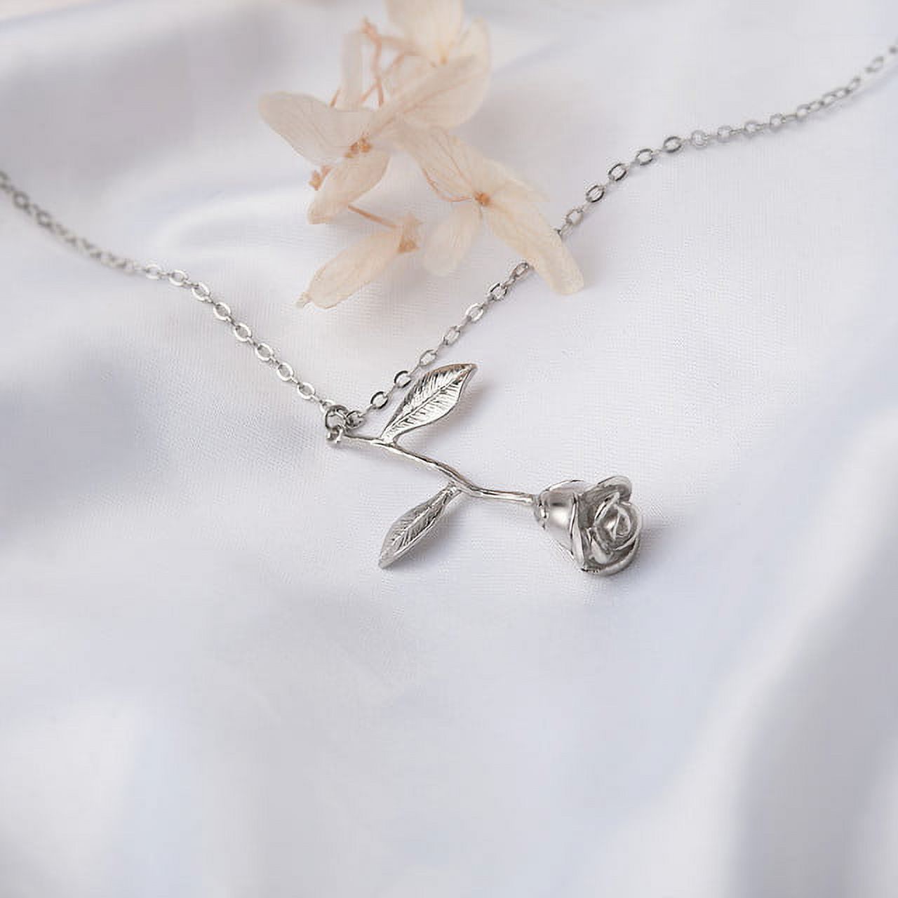 Silver Brass Rose Flower Necklace Pendant Jewelry Valentine's Day Gift Set for Her