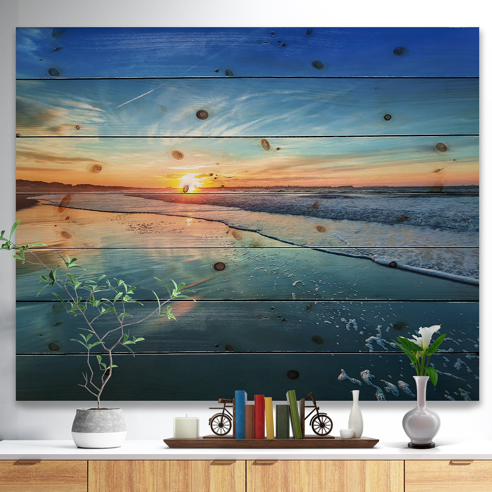 Designart Blue Seashore with Distant Sunset Seashore Print on Natural Pine Wood Art Print, 20" x 12"