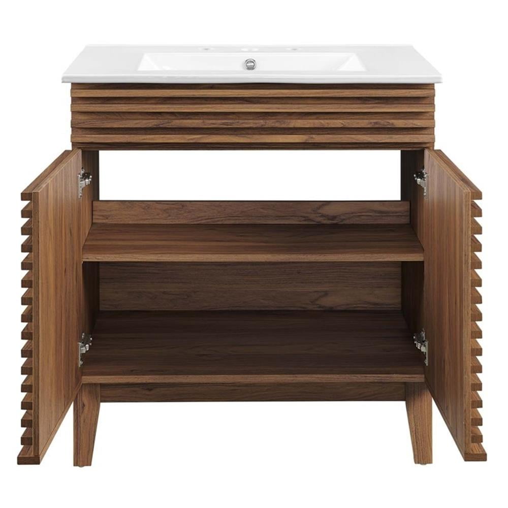 Modway Render 30" Modern Wood Bathroom Vanity Cabinet in Walnut/White