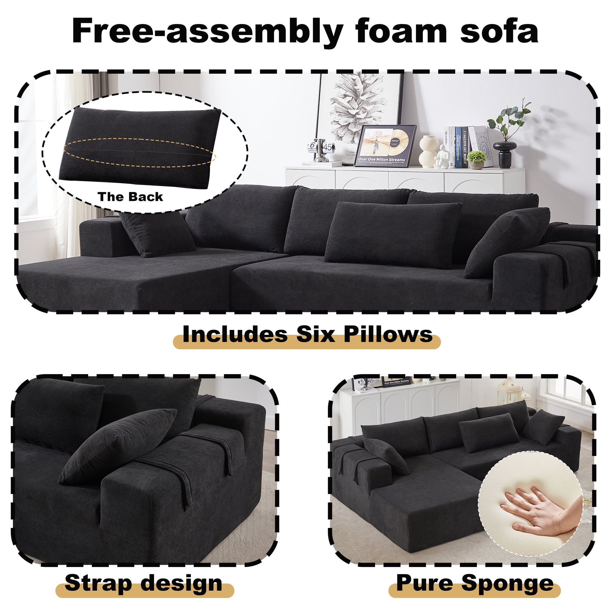 Aukfa 108" Modular Sectional Couch, Deep Seat Cloud Sofa with 6 Pillows, No Assembly, Left Chaise, Black