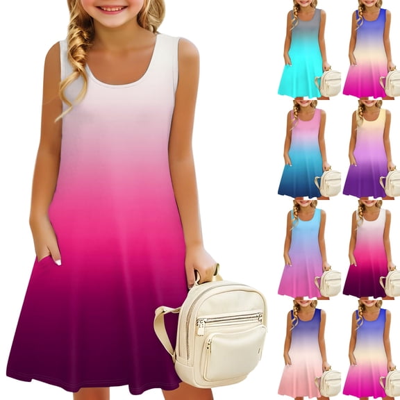 Girls Summer Dress Sleeveless Flowy Tiered Casual A-Line Teen Beach Sundresses Tank Maxi Dresses with Pockets Cyan 130