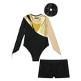 thumbnail image 4 of TiaoBug Girls Gymnastics Leotard Rhinestone Mesh Long Sleeve Tumbling Bodysuit with Shorts Hair Band Set Gold&Black 12, 4 of 5
