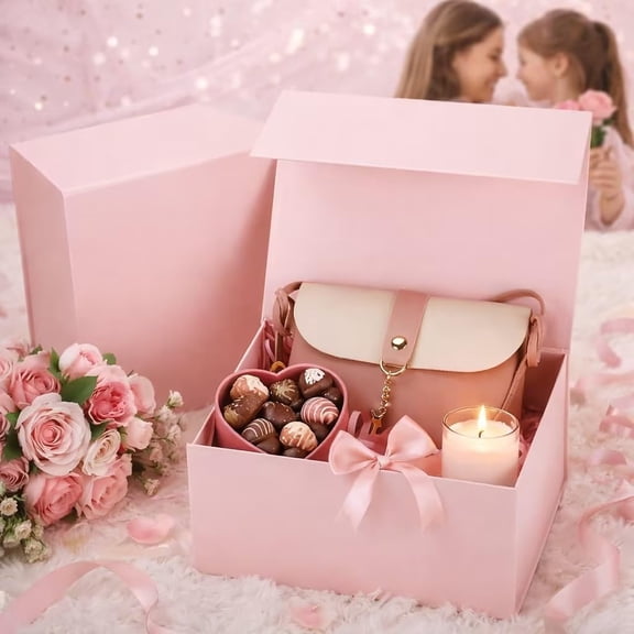 Pink Gift Box with Ribbon for Presents Magnetic Closure Gift Packaging for Birthday, Valentine's Day, Mother's Day