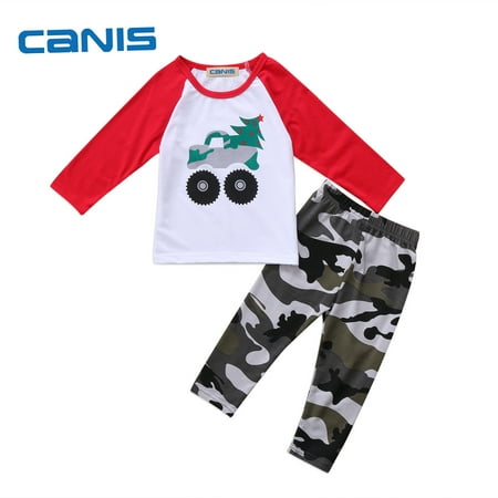 

One opening Boy’s Cartoon Car Long Sleeve T-shirt and Camouflage Long Pants
