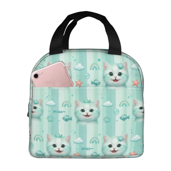 Cute Cat Lunch Bag Reusable Zipper Closure Leakproof Insulated Cats Lunch Box Cooler Tote Bag Food Container Snack Bag