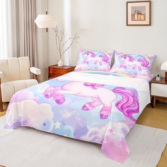 Homewish Cute Animal Unicorn Twin Sheet Sets 3pcs for Kids Child Girls,Dreamy Princess Twin Fitted Sheet Microfiber,Cartoon Rainbow Breathable Flat Sheet,Breathable Home Decor
