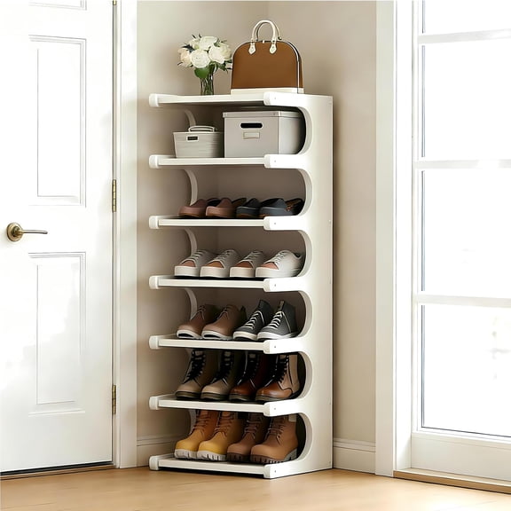 7-Tier Vertical Shoe Rack, Bamboo Free Standing Shoe Rack Shelf, Shoe Storage Stand, Entryway Shoe Tower, Vertical Shoe Organizer for Narrow Closet, Entryway, Hallway