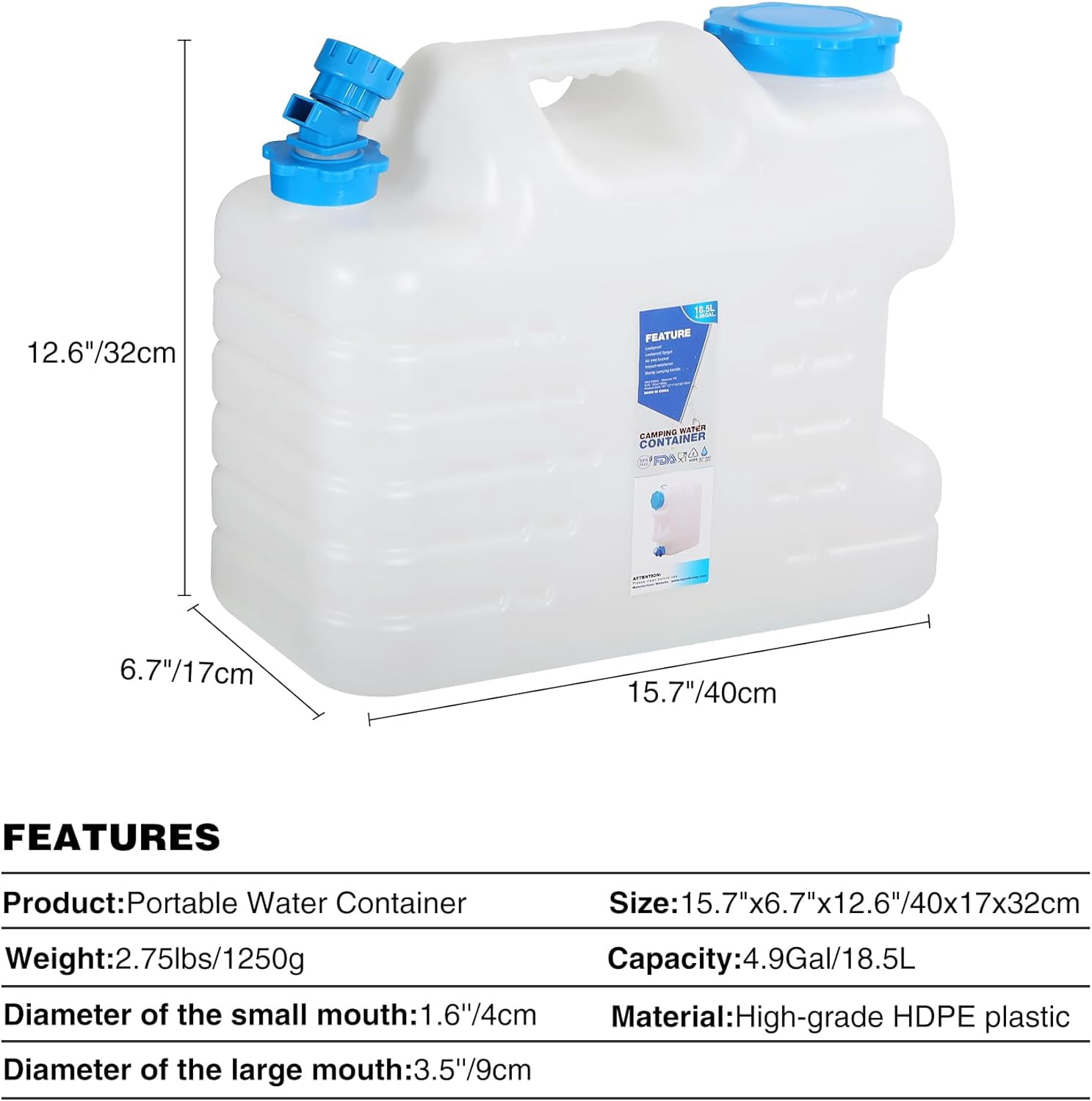 REDCAMP 5 Gallon/18.5L Portable Water Container with Spigot, Portable Emergency Water Storage for Camping, Car, Hiking, Hurricane Supplies